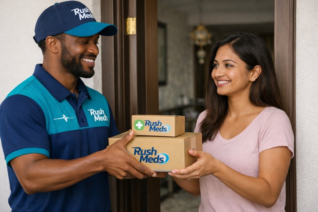 Rush Meds driver handing a delivery to a customer at their door