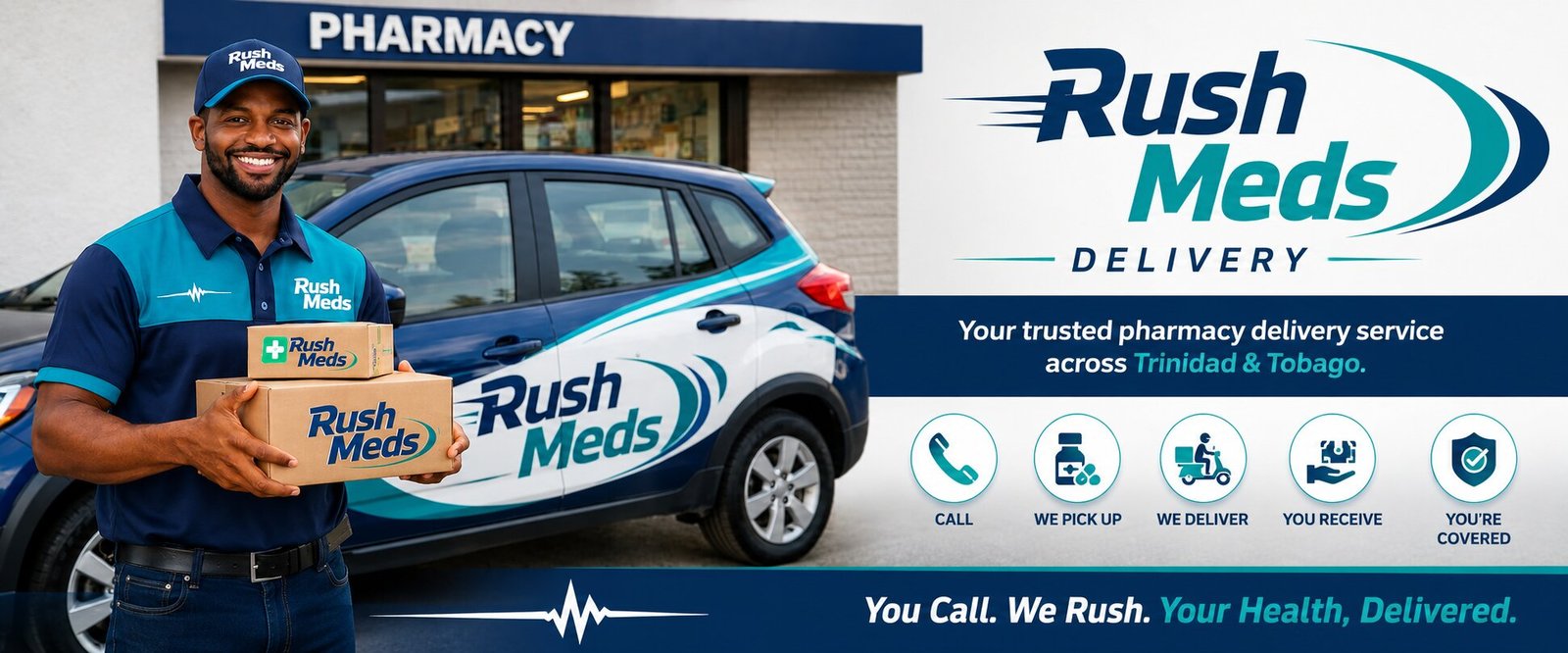 Rush Meds driver with delivery car outside a pharmacy — Rush Meds Delivery, your trusted pharmacy delivery service across Trinidad and Tobago